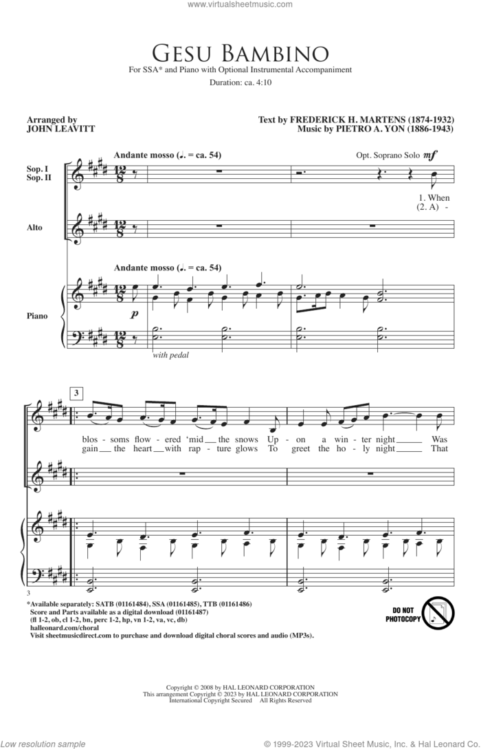 Gesu Bambino (arr. John Leavitt) sheet music for choir (SSA: soprano, alto) by Pietro Yon, John Leavitt and Frederick H. Martens, intermediate skill level