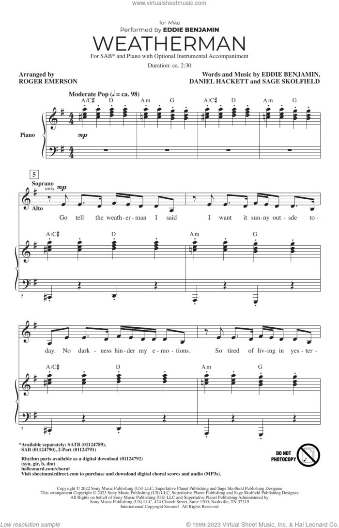Weatherman (arr. Roger Emerson) sheet music for choir (SAB: soprano, alto, bass) by Eddie Benjamin, Roger Emerson, Daniel Hackett and Sage Skolfield, intermediate skill level