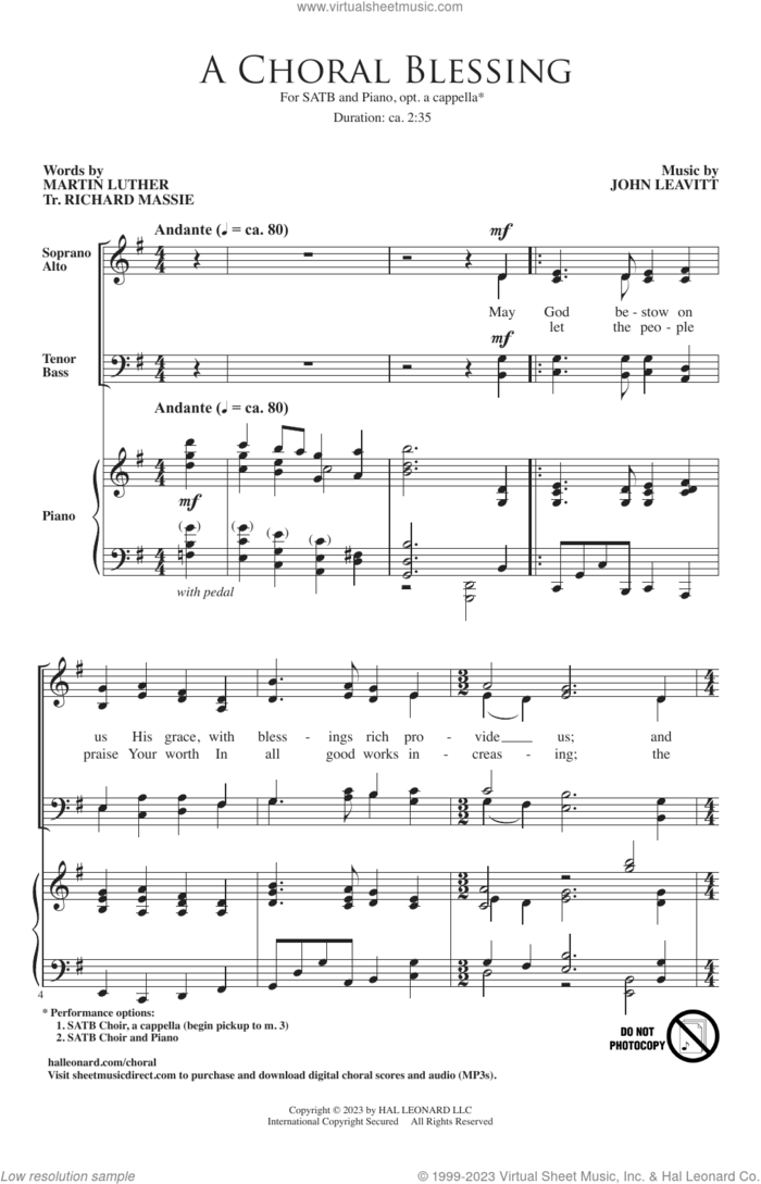 A Choral Blessing sheet music for choir (SATB: soprano, alto, tenor, bass) by John Leavitt and Martin Luther, intermediate skill level
