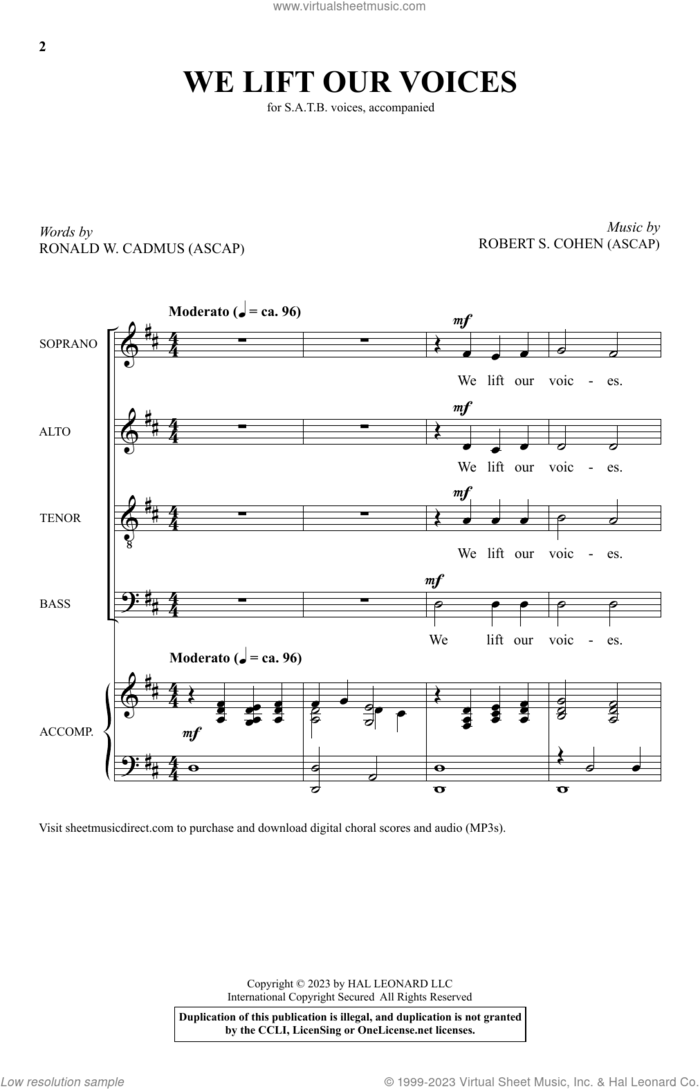 We Lift Our Voices sheet music for choir (SATB: soprano, alto, tenor, bass) by Robert S. Cohen and Ronald W. Cadmus, intermediate skill level