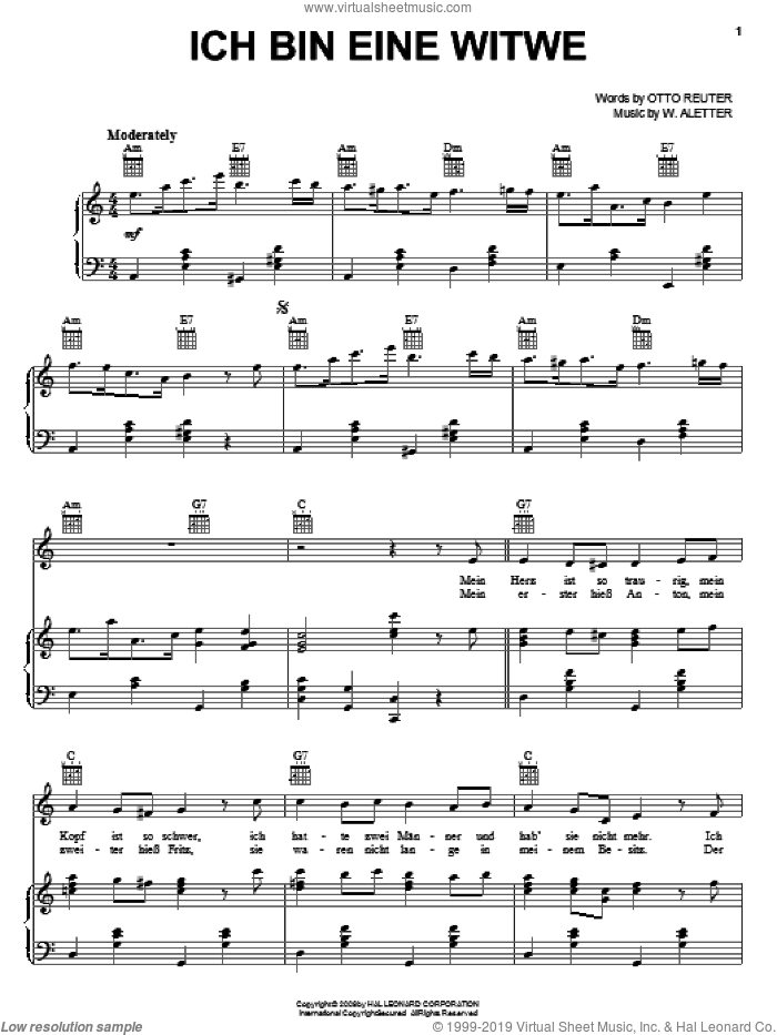 Ich Bin Eine Witwe sheet music for voice, piano or guitar by Otto Reuter and W. Aletter, intermediate skill level