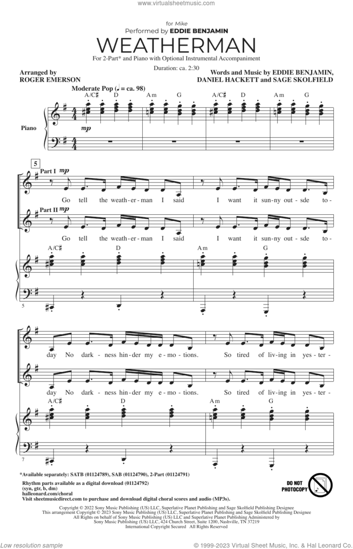 Weatherman (arr. Roger Emerson) sheet music for choir (2-Part) by Eddie Benjamin, Roger Emerson, Daniel Hackett and Sage Skolfield, intermediate duet