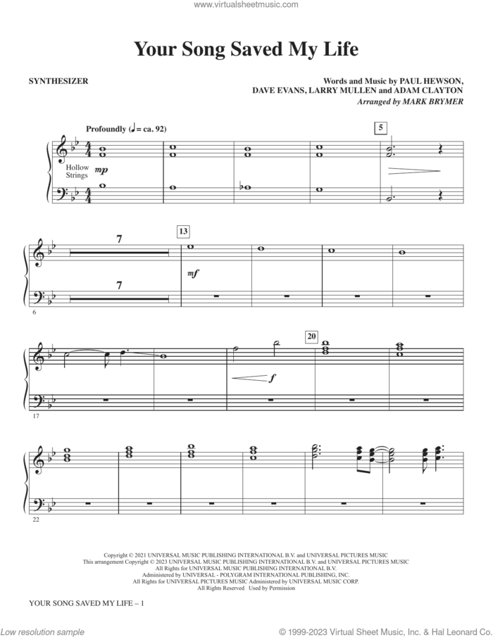 Your Song Saved My Life (from Sing 2) (arr. Mark Brymer) (complete set of parts) sheet music for orchestra/band (Rhythm) by Mark Brymer, Adam Clayton, Bono, Dave Evans, Larry Mullen, Paul Hewson and U2, intermediate skill level
