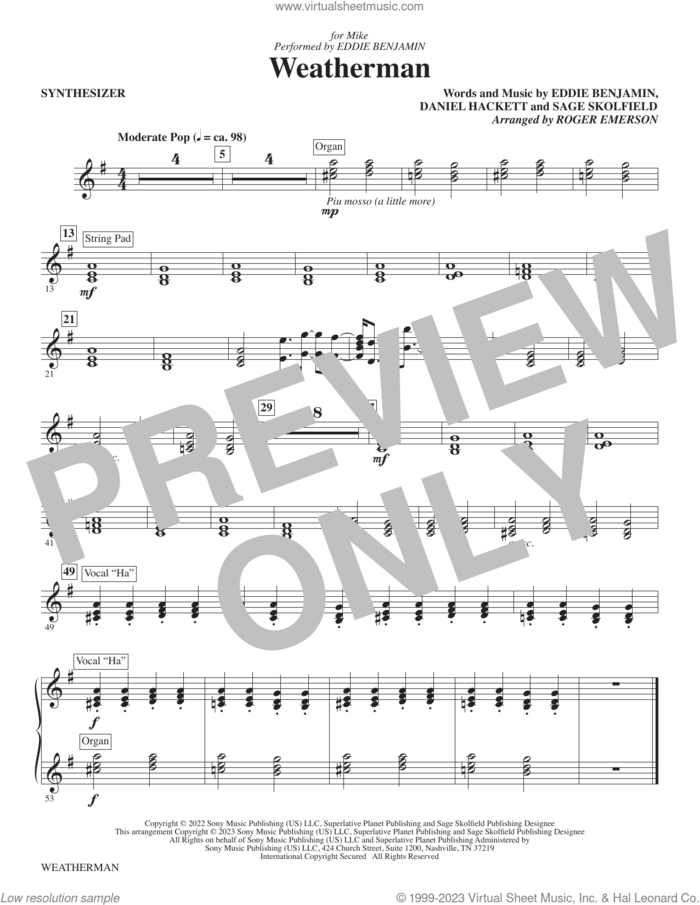 Weatherman (arr. Roger Emerson) (complete set of parts) sheet music for orchestra/band (Rhythm) by Roger Emerson, Daniel Hackett, Eddie Benjamin and Sage Skolfield, intermediate skill level