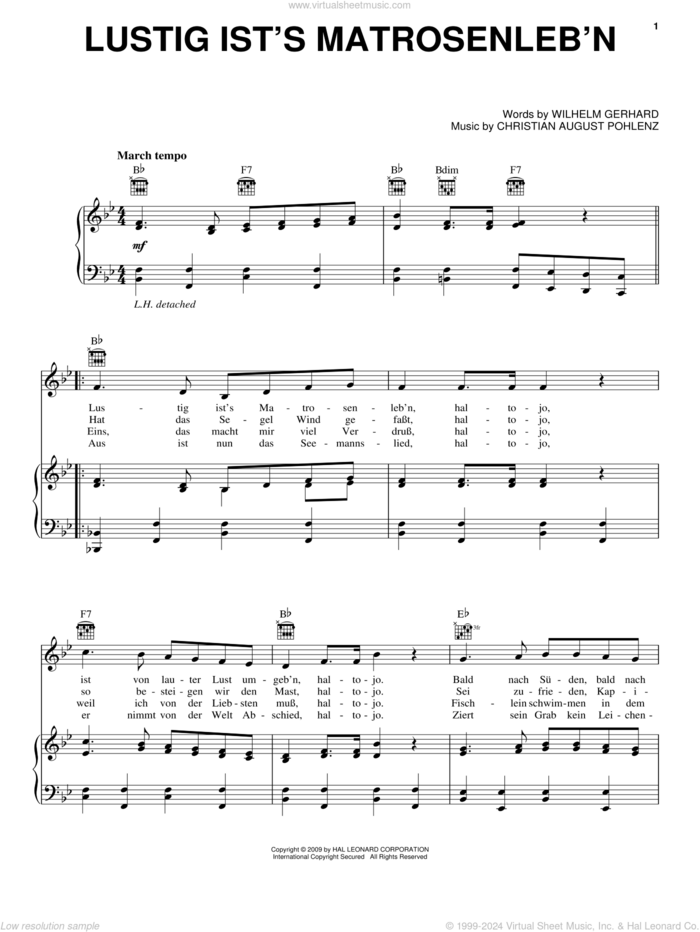 Lustig Ist's Matrosenleb'n sheet music for voice, piano or guitar by Wilhelm Gerhard and Christian August Pohlenz, intermediate skill level