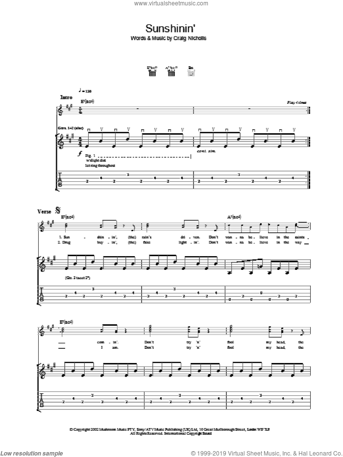 Sunshinin' sheet music for guitar (tablature) by The Vines, intermediate skill level