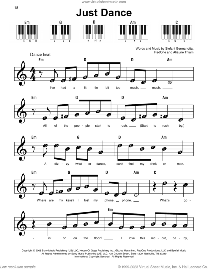 Just Dance sheet music for piano solo by Lady Gaga, Aliaune Thiam and RedOne, beginner skill level