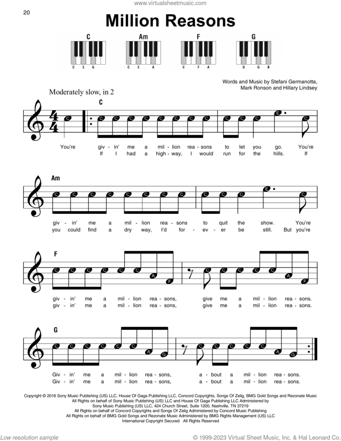 Million Reasons sheet music for piano solo by Lady Gaga, Hillary Lindsey and Mark Ronson, beginner skill level