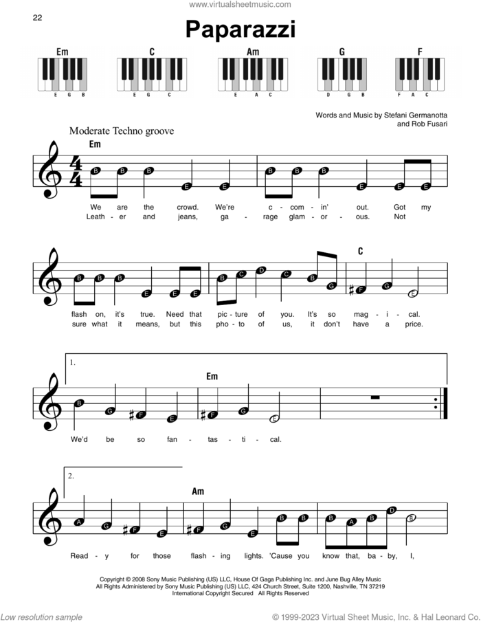 Paparazzi, (beginner) sheet music for piano solo by Lady Gaga and Rob Fusari, beginner skill level