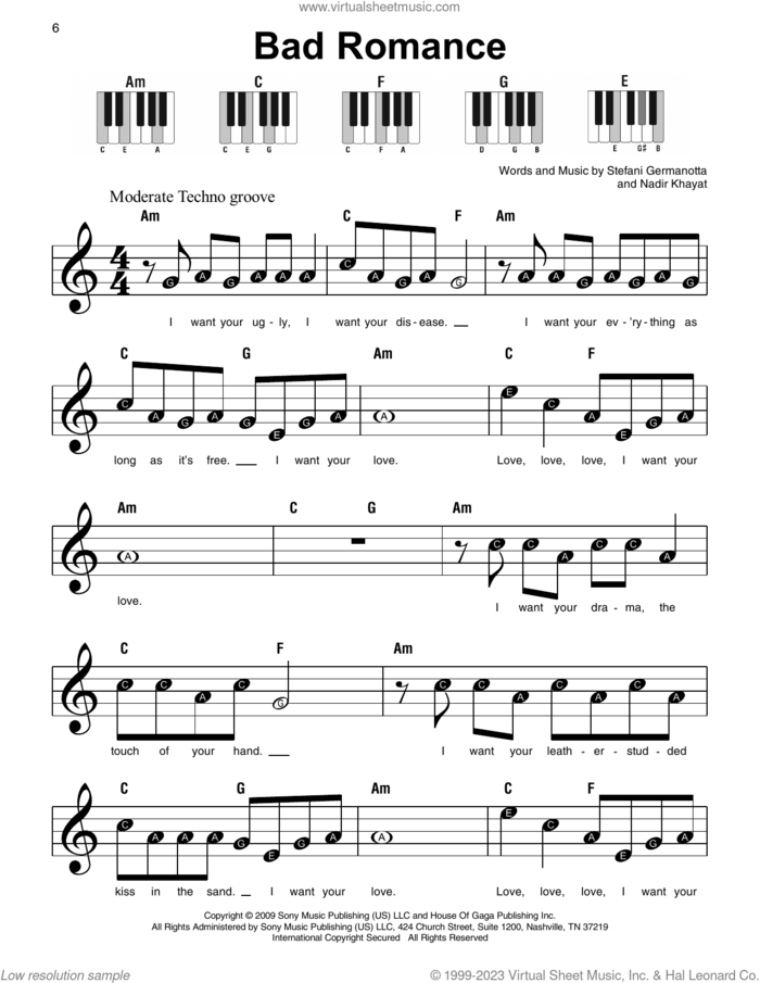 Bad Romance sheet music for piano solo by Lady Gaga and Nadir Khayat, beginner skill level