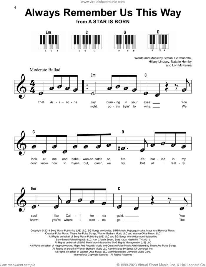 Always Remember Us This Way (from A Star Is Born), (beginner) sheet music for piano solo by Lady Gaga, Hillary Lindsey, Lori McKenna and Natalie Hemby, beginner skill level