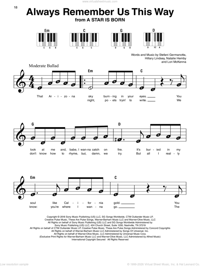 Always Remember Us This Way (from A Star Is Born), (beginner) sheet music for piano solo by Lady Gaga, Hillary Lindsey, Lori McKenna and Natalie Hemby, beginner skill level