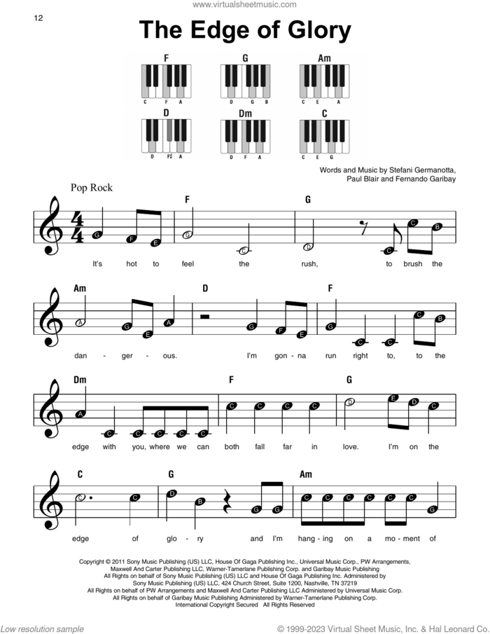 The Edge Of Glory, (beginner) sheet music for piano solo by Lady Gaga, Fernando Garibay and Paul Blair, beginner skill level