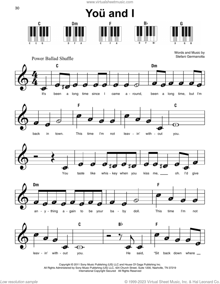 You And I sheet music for piano solo by Lady Gaga, beginner skill level