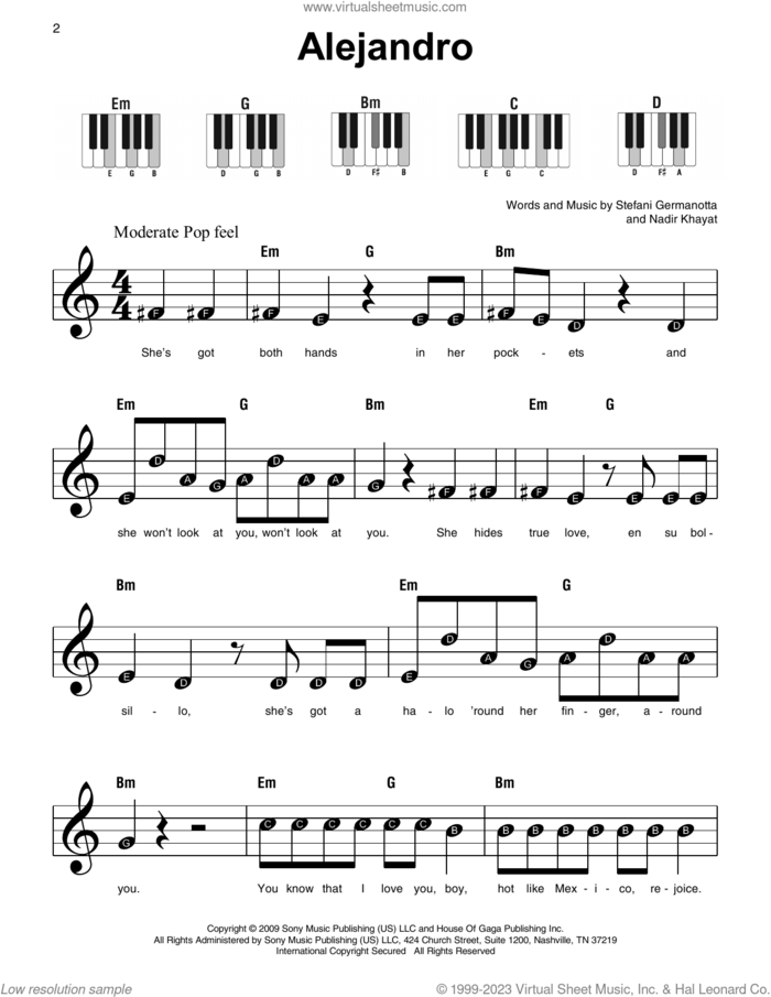 Alejandro, (beginner) sheet music for piano solo by Lady Gaga and Nadir Khayat, beginner skill level