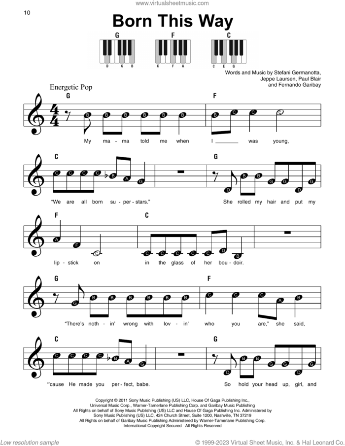 Born This Way, (beginner) sheet music for piano solo by Lady Gaga, Fernando Garibay, Jeppe Laursen and Paul Blair, beginner skill level