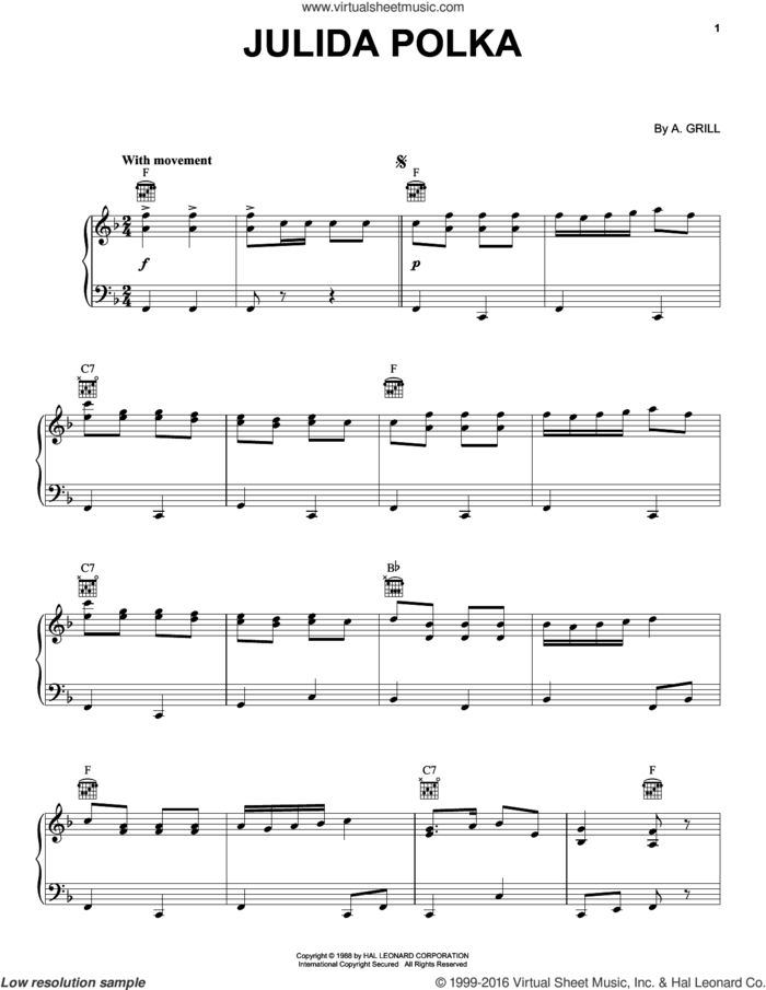Julida Polka sheet music for piano solo by A. Grill, intermediate skill level