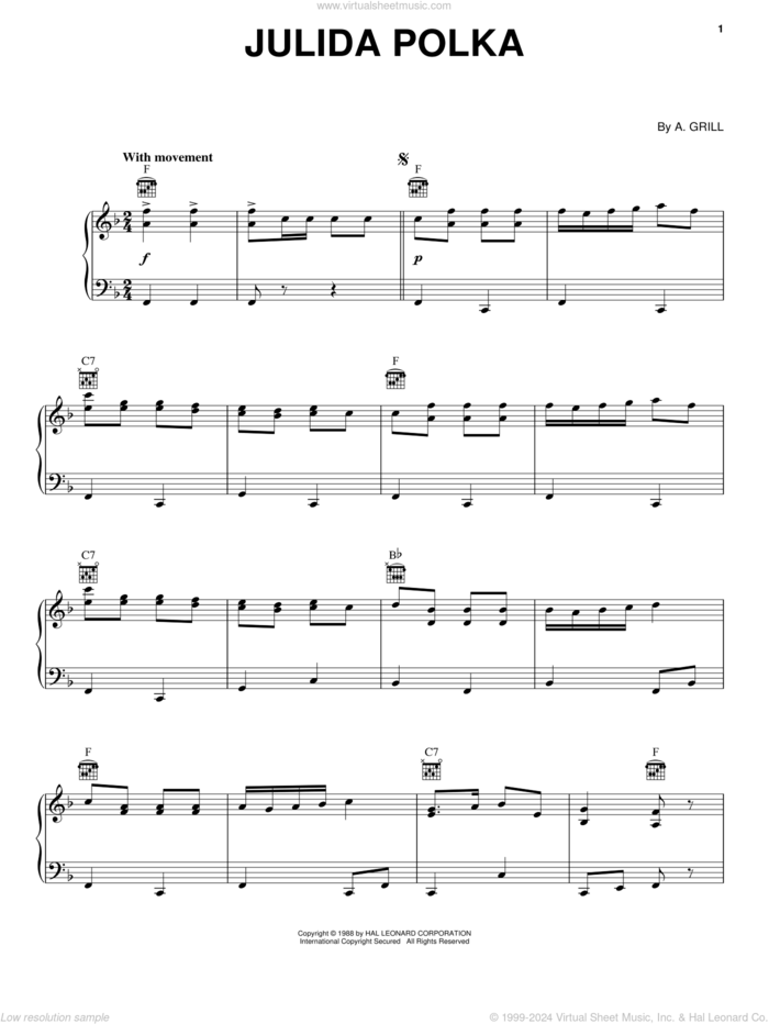 Julida Polka sheet music for piano solo by A. Grill, intermediate skill level