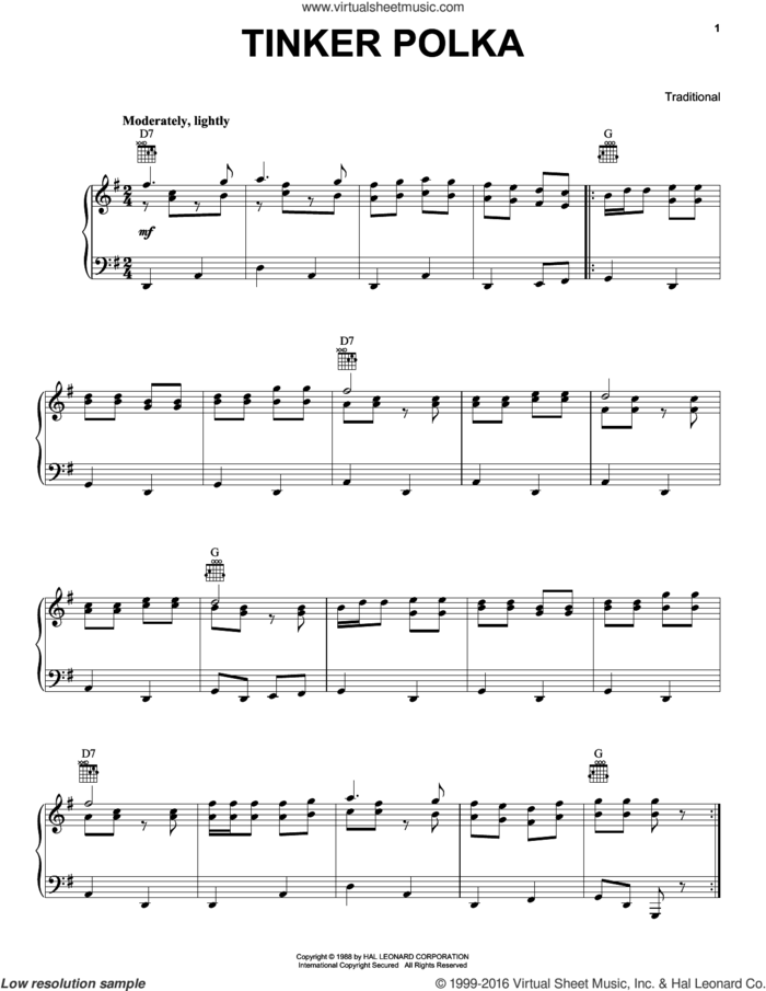 Tinker Polka sheet music for piano solo, intermediate skill level
