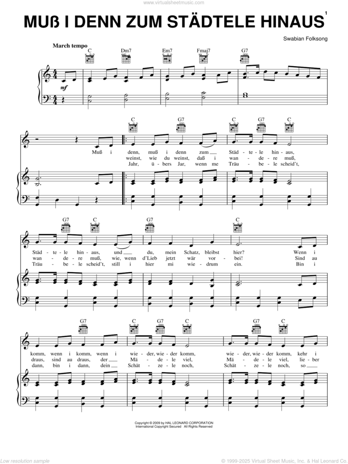 Muss I Denn Zum Stadtele Hinaus sheet music for voice, piano or guitar, intermediate skill level