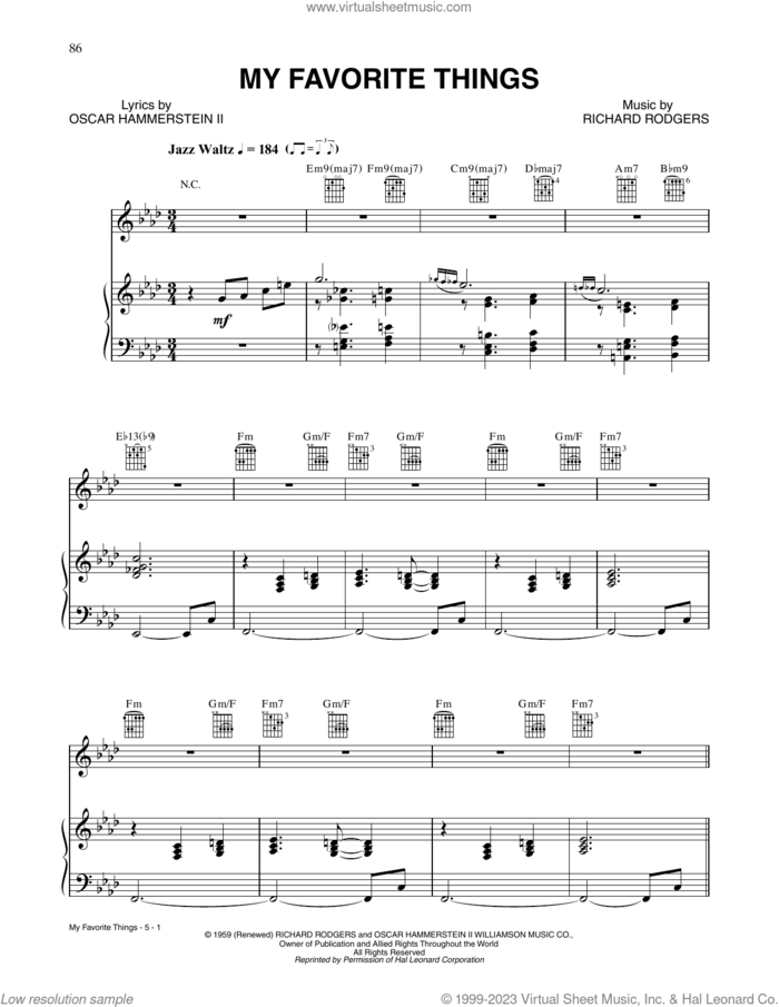 My Favorite Things sheet music for voice, piano or guitar by Tony Bennett, Oscar II Hammerstein and Richard Rodgers, intermediate skill level