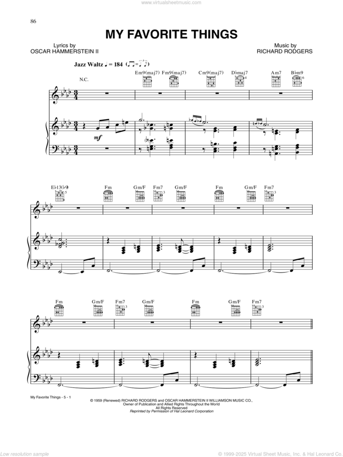 My Favorite Things sheet music for voice, piano or guitar by Tony Bennett, Oscar II Hammerstein and Richard Rodgers, intermediate skill level