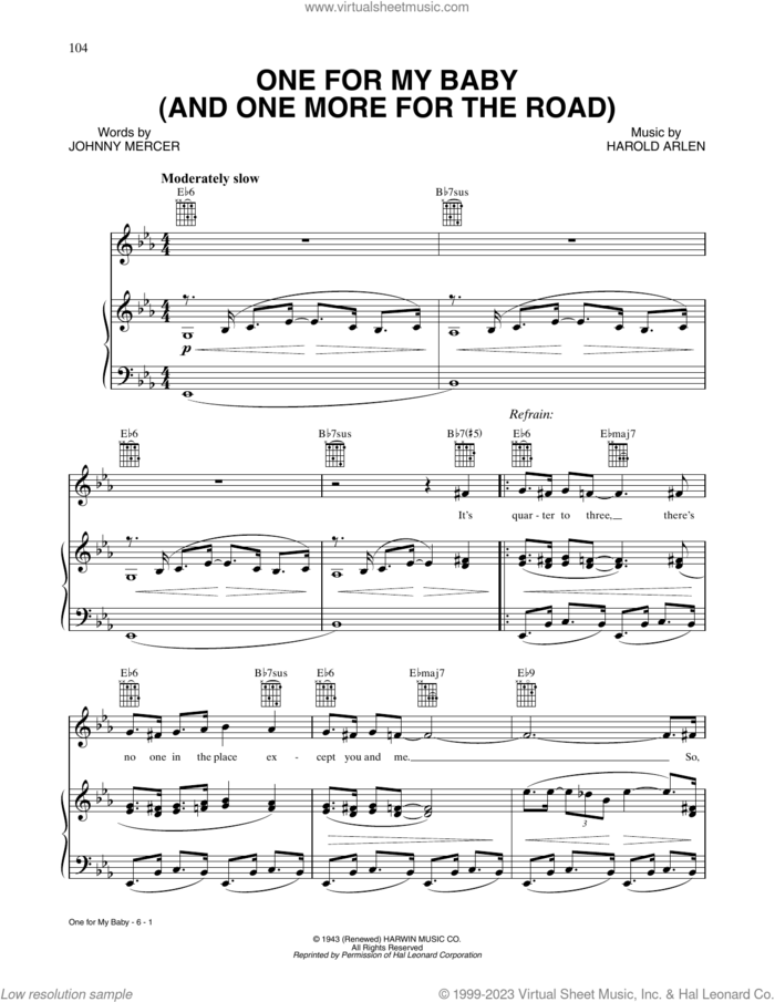 One For My Baby (And One More For The Road) sheet music for voice, piano or guitar by Tony Bennett, Harold Arlen and Johnny Mercer, intermediate skill level