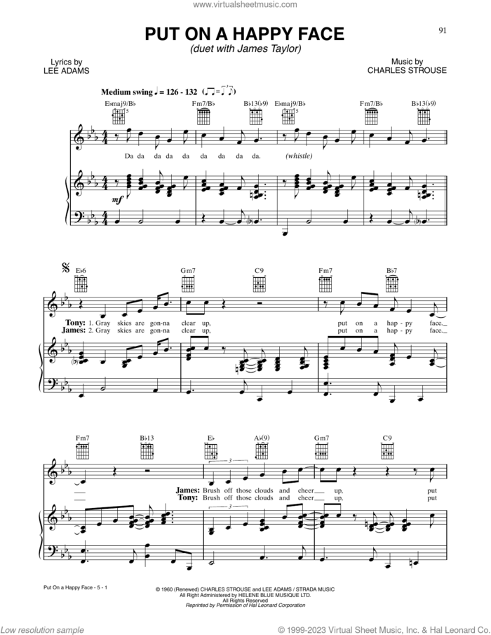 Put On A Happy Face sheet music for voice, piano or guitar by Tony Bennett and James Taylor, Charles Strouse and Lee Adams, intermediate skill level