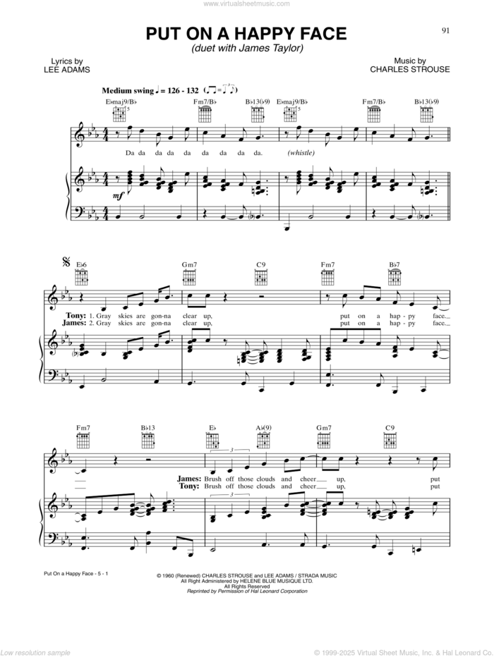 Put On A Happy Face sheet music for voice, piano or guitar by Tony Bennett and James Taylor, Charles Strouse and Lee Adams, intermediate skill level