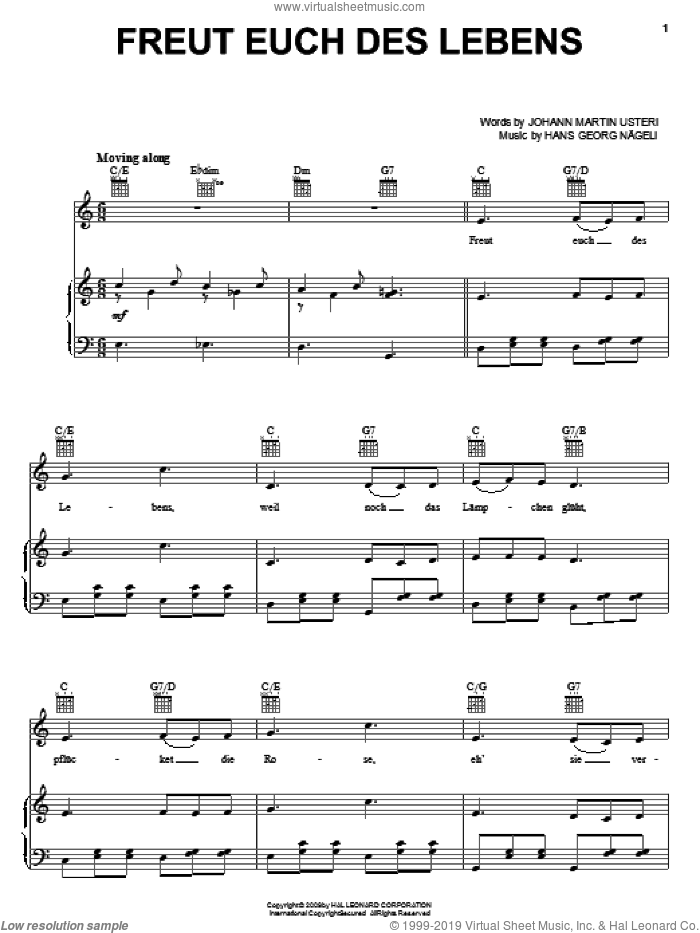 Freut Euch Des Lebens sheet music for voice, piano or guitar by Johann Martin Usteri and Hans Georg Nageli, intermediate skill level