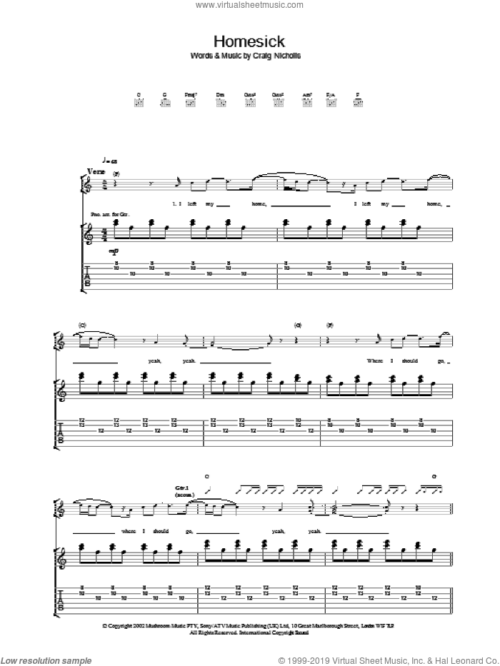 Homesick sheet music for guitar (tablature) by The Vines, intermediate skill level