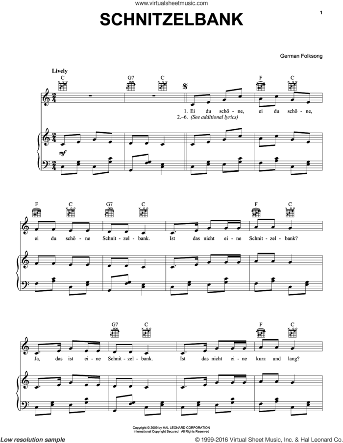 Schnitzelbank sheet music for voice, piano or guitar, intermediate skill level