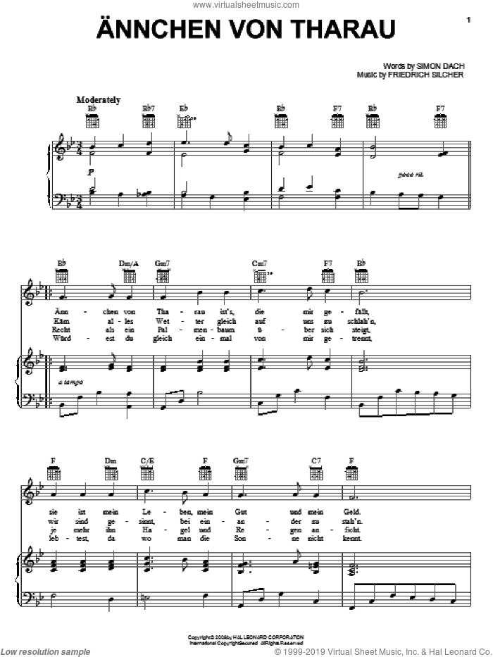 Annchen Von Tharau sheet music for voice, piano or guitar by Friedrich Silcher and Simon Dach, intermediate skill level