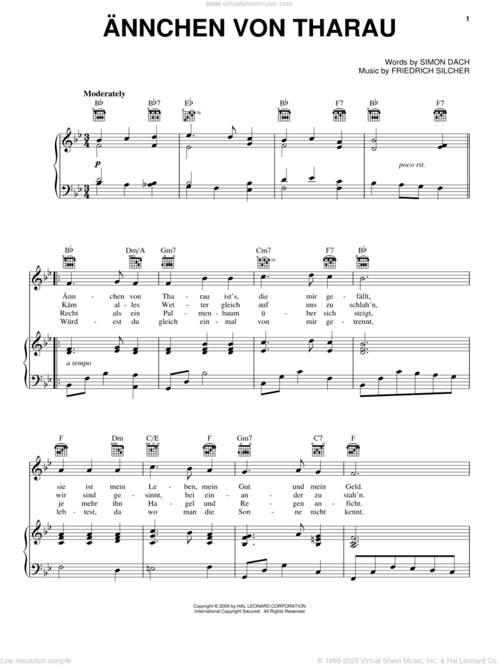 Annchen Von Tharau sheet music for voice, piano or guitar by Friedrich Silcher and Simon Dach, intermediate skill level