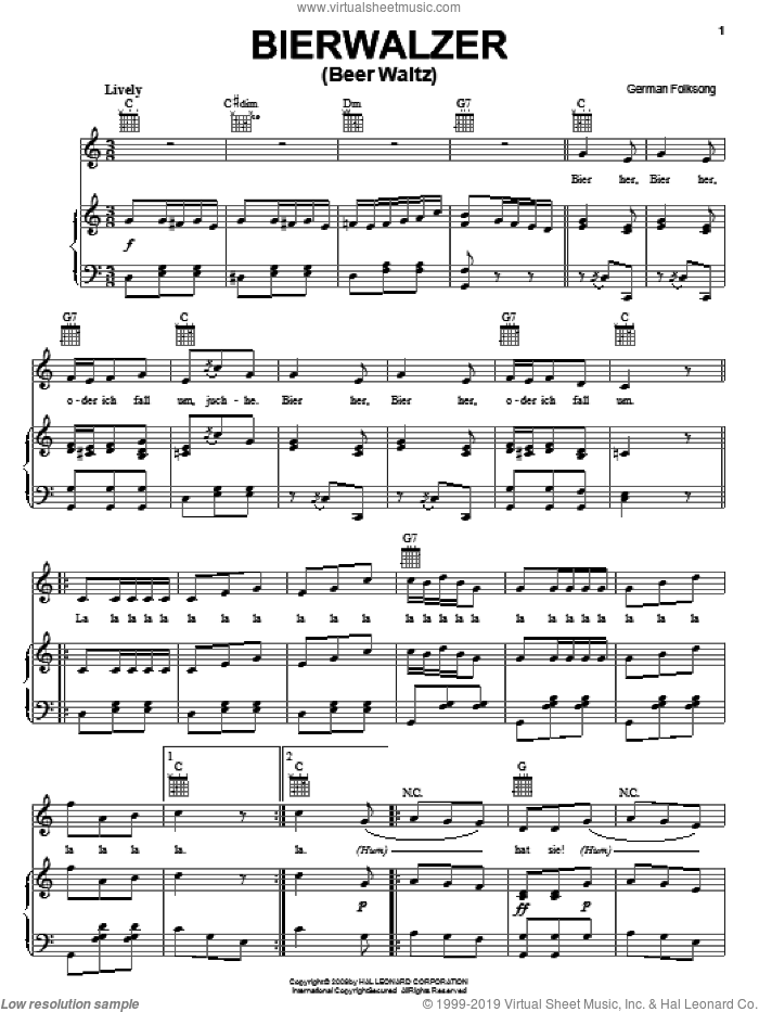 Bierwalzer sheet music for voice, piano or guitar, intermediate skill level