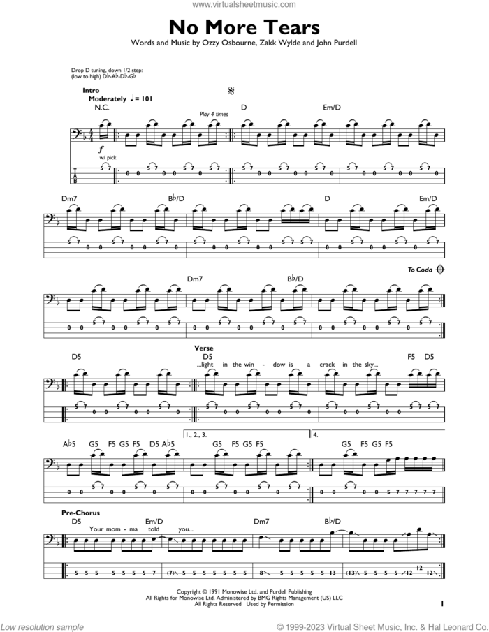 No More Tears sheet music for bass solo by Ozzy Osbourne, John Purdell and Zakk Wylde, intermediate skill level