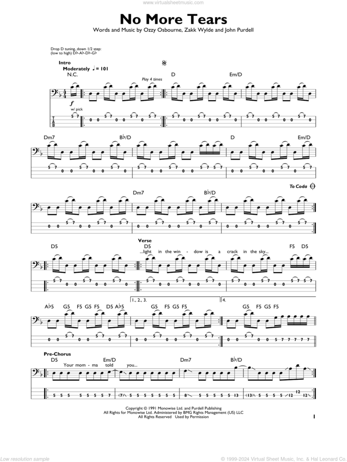 No More Tears sheet music for bass solo by Ozzy Osbourne, John Purdell and Zakk Wylde, intermediate skill level