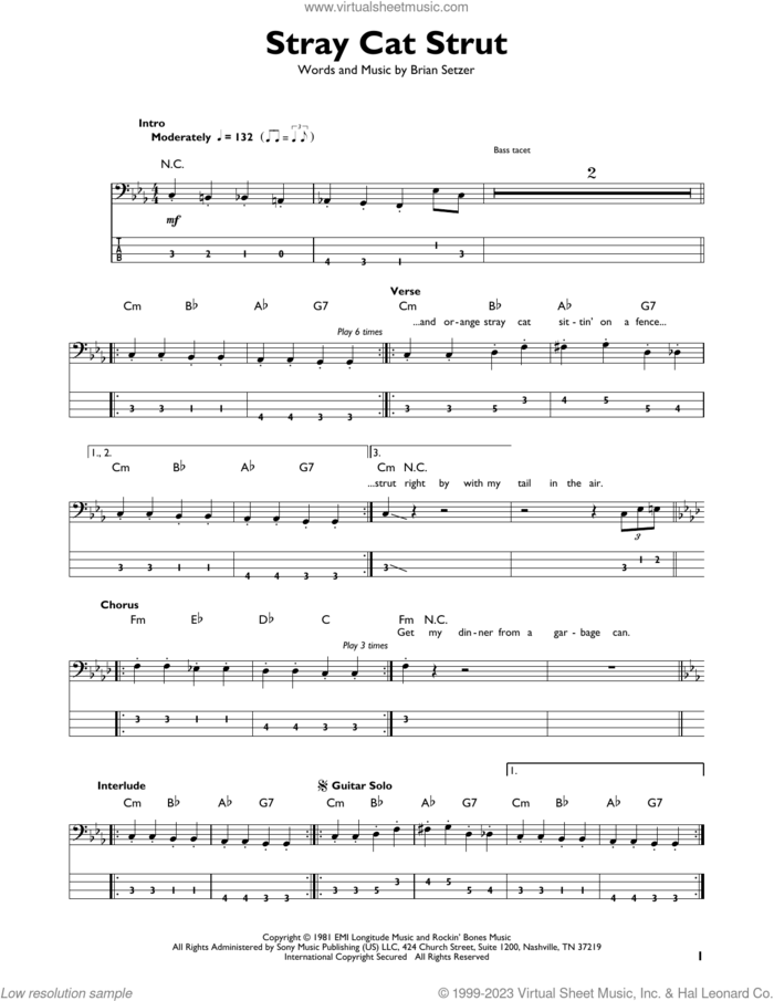 Stray Cat Strut sheet music for bass solo by Stray Cats and Brian Setzer, intermediate skill level
