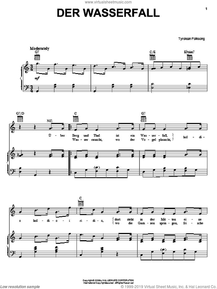 Der Wasserfall sheet music for voice, piano or guitar, intermediate skill level