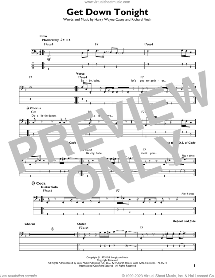 Get Down Tonight sheet music for bass solo by Harry Wayne Casey, KC & The Sunshine Band and Richard Finch, intermediate skill level