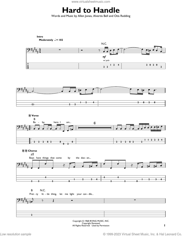 Hard To Handle sheet music for bass solo by The Black Crowes, Otis Redding, Allen Jones and Alvertis Bell, intermediate skill level