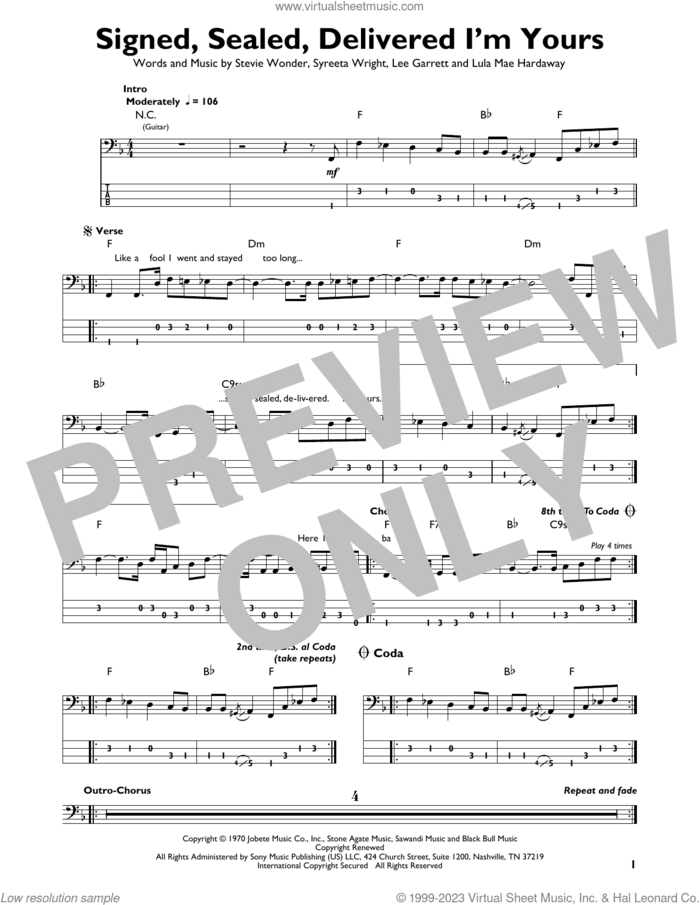 Signed, Sealed, Delivered I'm Yours sheet music for bass solo by Stevie Wonder, Lee Garrett, Lula Mae Hardaway and Syreeta Wright, intermediate skill level