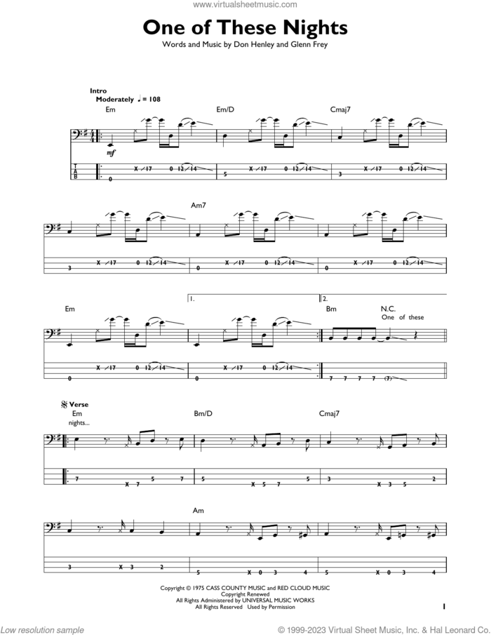 One Of These Nights sheet music for bass solo by Don Henley, The Eagles and Glenn Frey, intermediate skill level