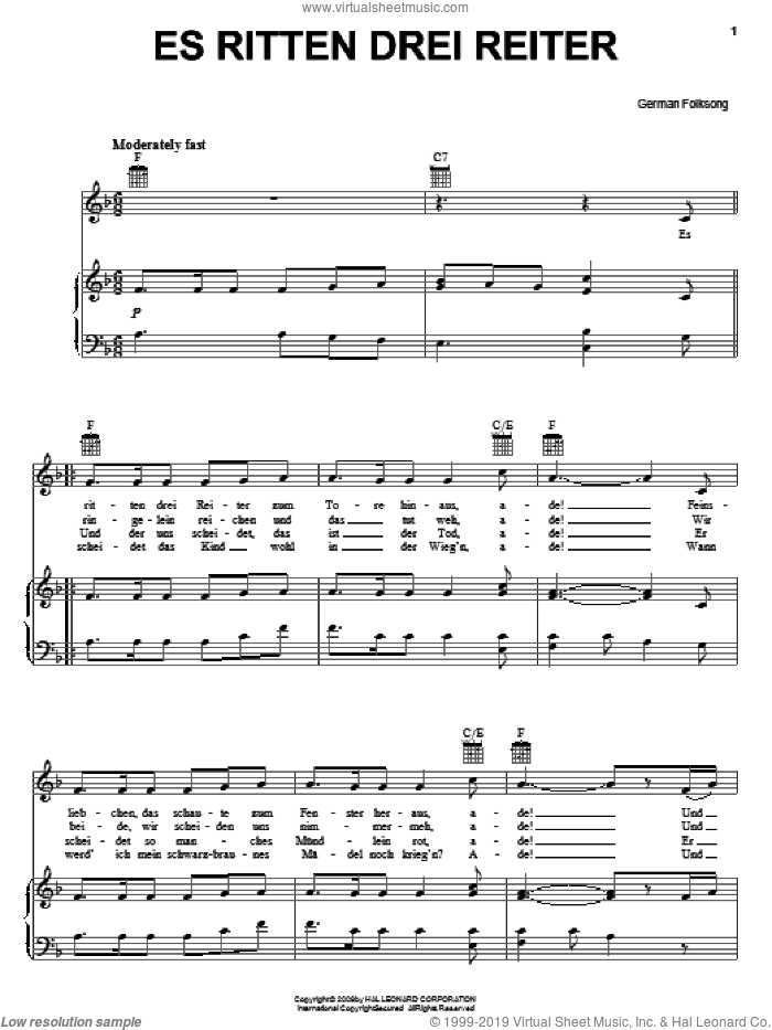 Es Ritten Drei Reiter (Three Knights Rode Forth) sheet music for voice, piano or guitar, intermediate skill level