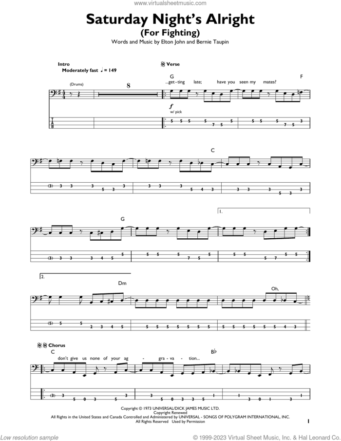 Saturday Night's Alright (For Fighting) sheet music for bass solo by Elton John and Bernie Taupin, intermediate skill level