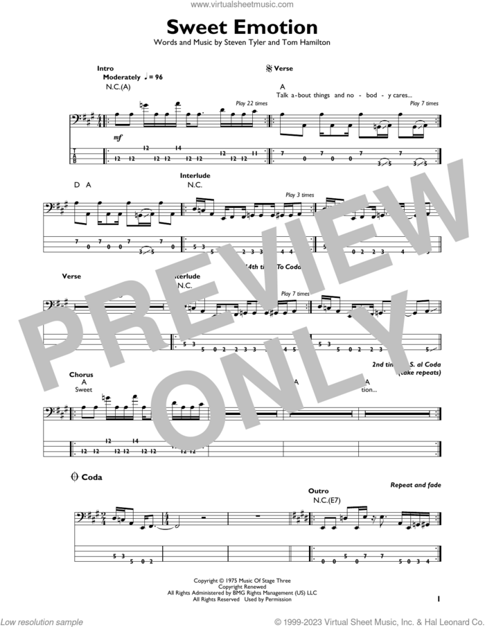 Sweet Emotion sheet music for bass solo by Aerosmith, Steven Tyler and Tom Hamilton, intermediate skill level