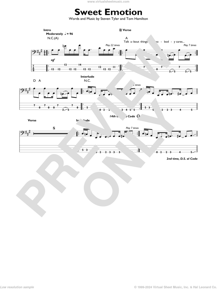 Sweet Emotion sheet music for bass solo by Aerosmith, Steven Tyler and Tom Hamilton, intermediate skill level