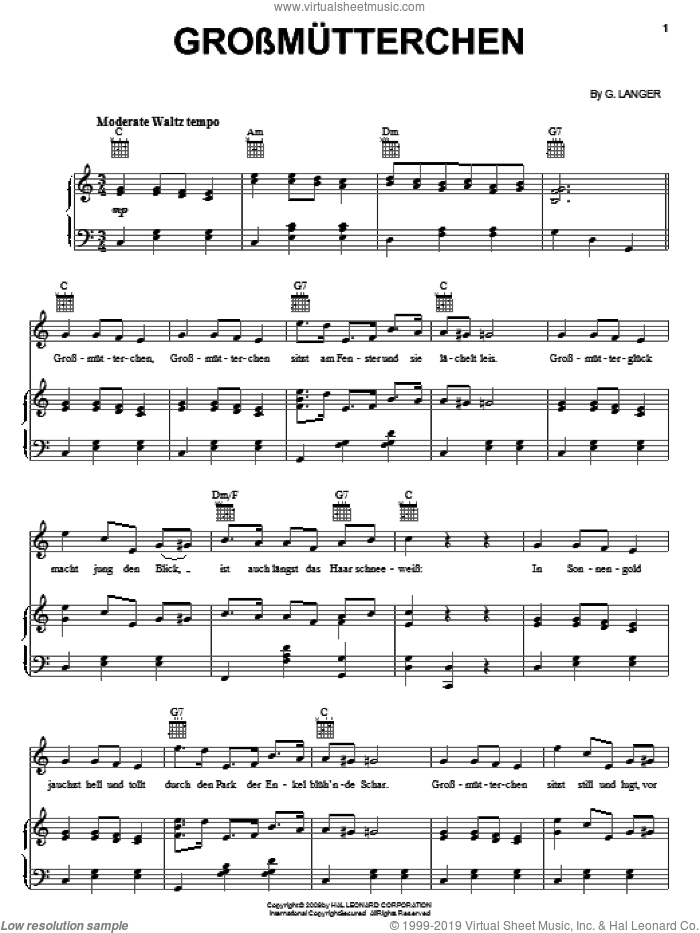 Grossmutterchen sheet music for voice, piano or guitar by Gustav Langer, intermediate skill level