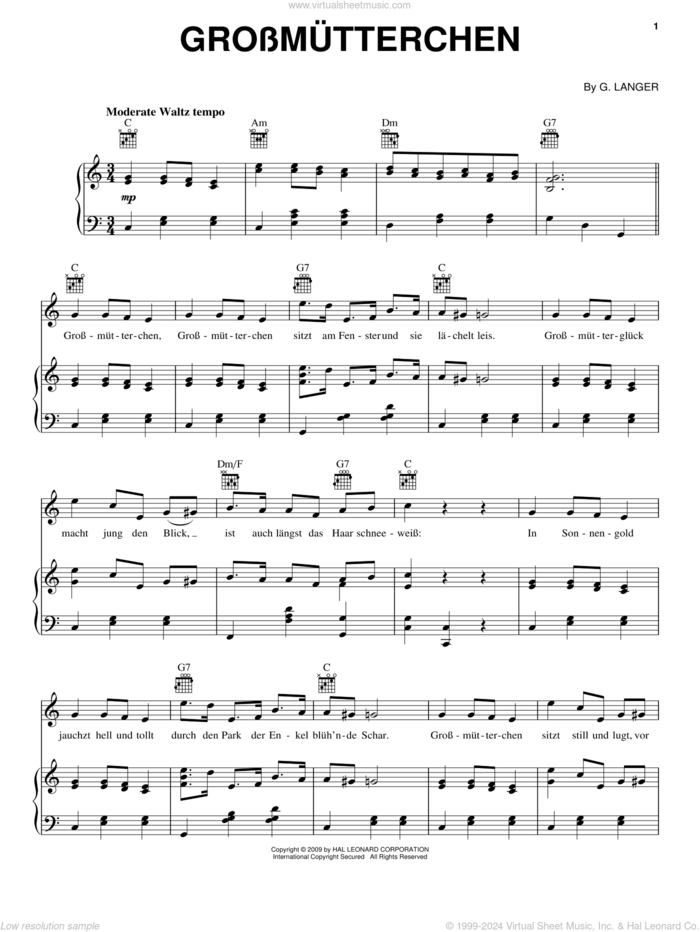 Grossmutterchen sheet music for voice, piano or guitar by Gustav Langer, intermediate skill level