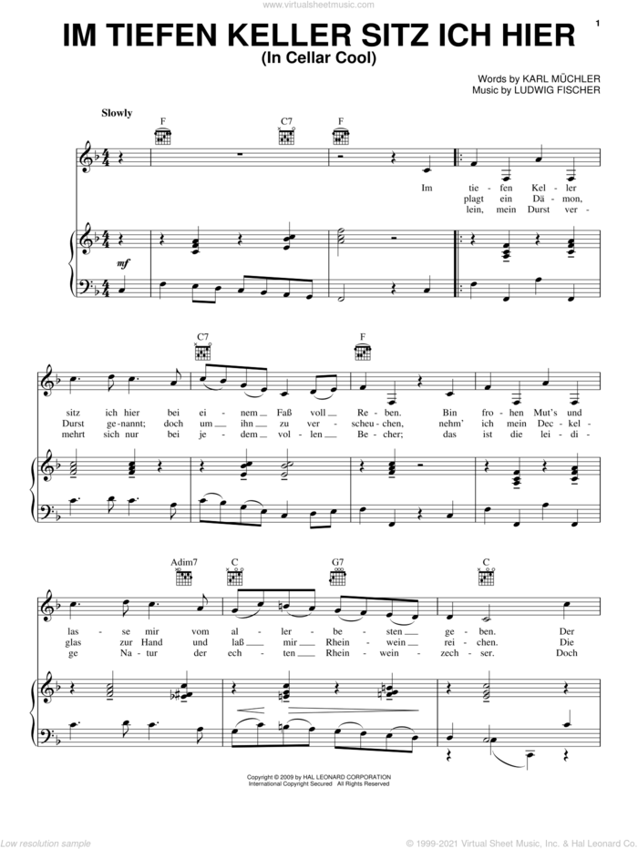 Im Tiefen Keller Sitz Ich Hier (In Cellar Cool) sheet music for voice, piano or guitar by Karl Muchler and Ludwig Fischer, intermediate skill level